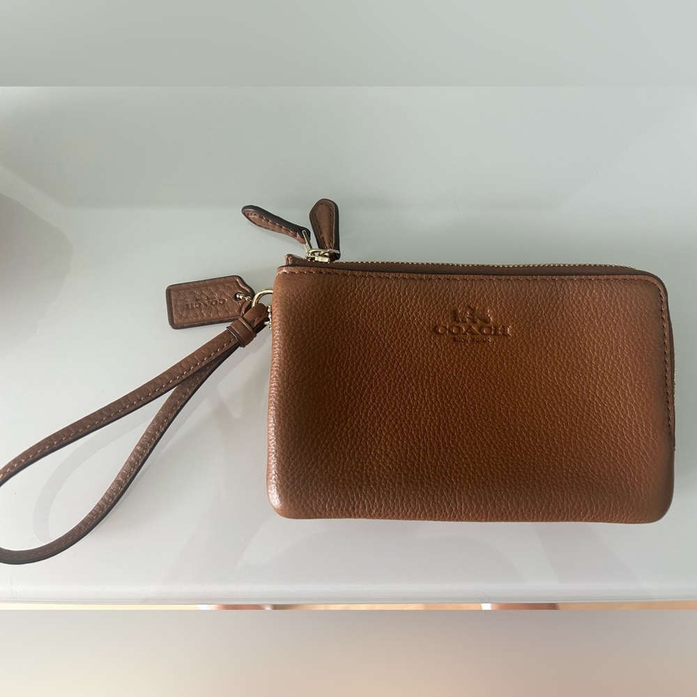 COACH Authentic Double Corner Zip Wristlet Bag Saddle Color